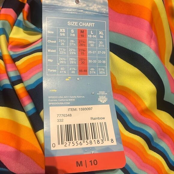 #17 Speedo youth bathing suit blue, orange, pink Medium 10 1 piece NWT Stripes - Picture 4 of 6